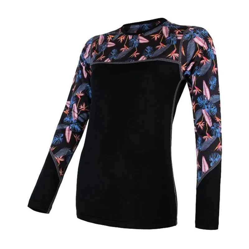 Dames t-shirt SENSOR Merino Indruk maken dl. mouw zwart / bloemen S Korting