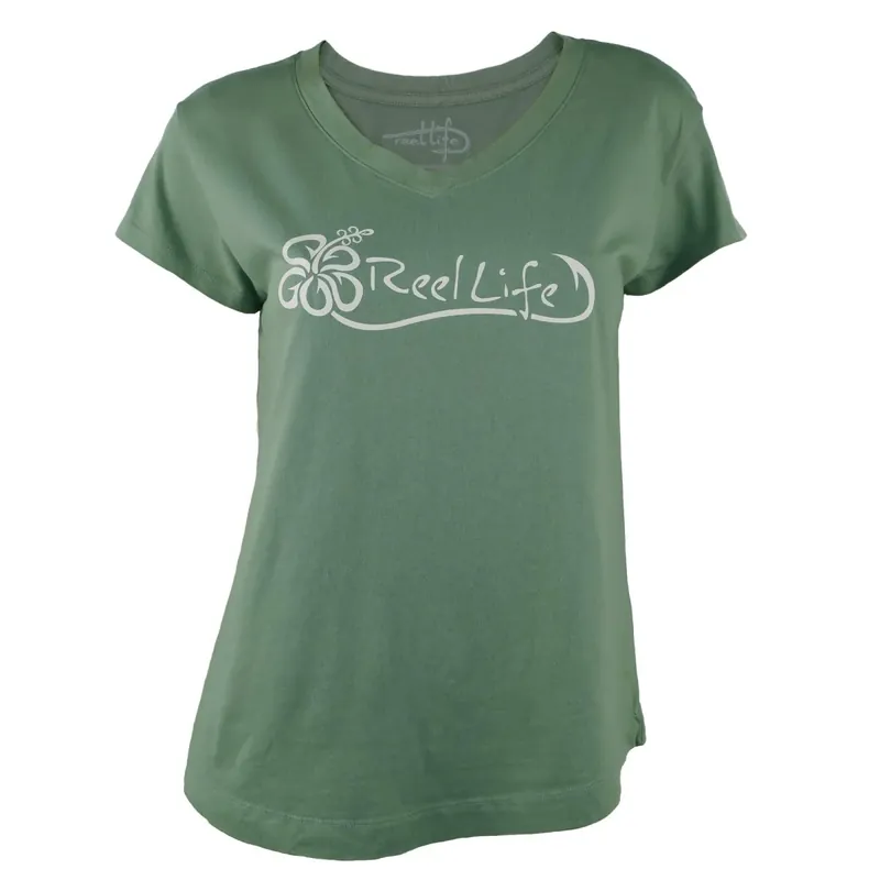 Direct Verzonden Reel Life Dames Ocean Washed Hibiscus Hook V-hals T-shirt - Lily Pad S
