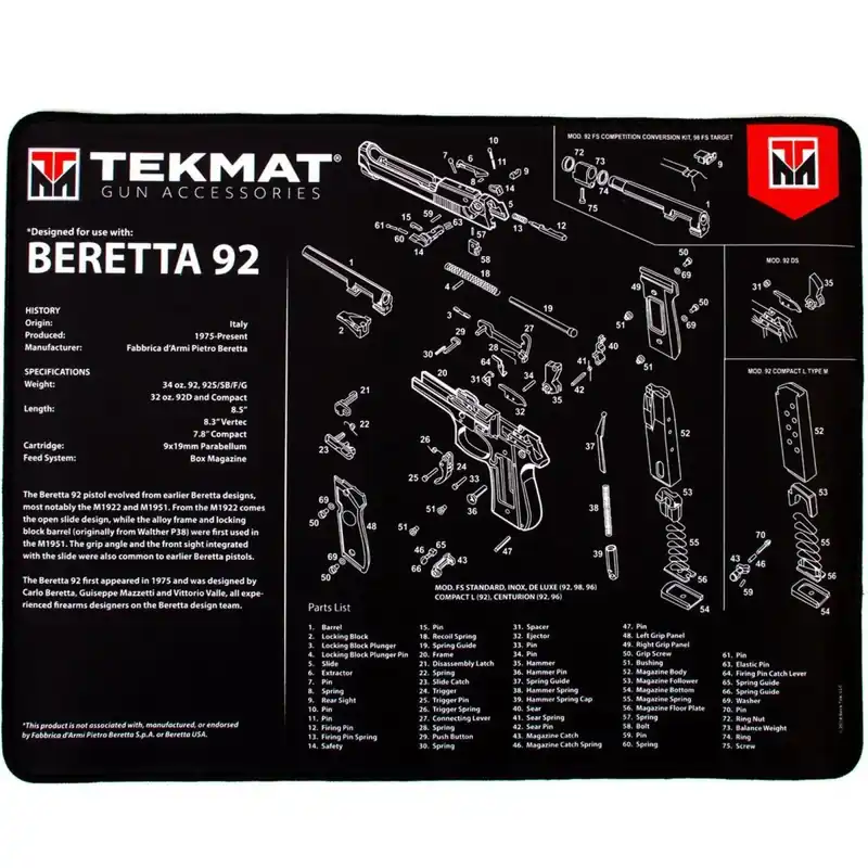 TekMat Ultra Premium Wapenreinigingsmat - 20" X 15" - Beretta 92 Hoge Kwaliteit