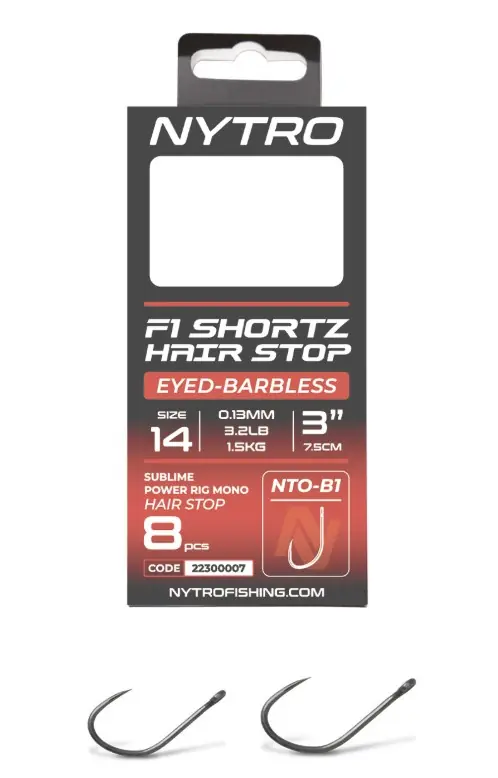 Nytro NTO-B1 Barbless F1 Shortz Hair-Stop Ready Tied Rigs 7.5cm (8 Stuks) 14/0.13mm/3.2lb Beste Prijs
