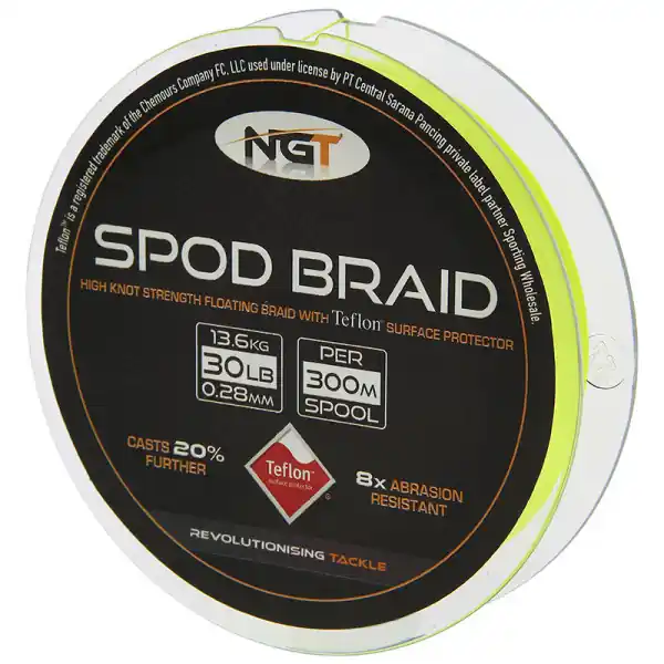 Aanbieding NGT Teflon Coated Floating Spod Braid Fluo Yellow 300m (30lb)
