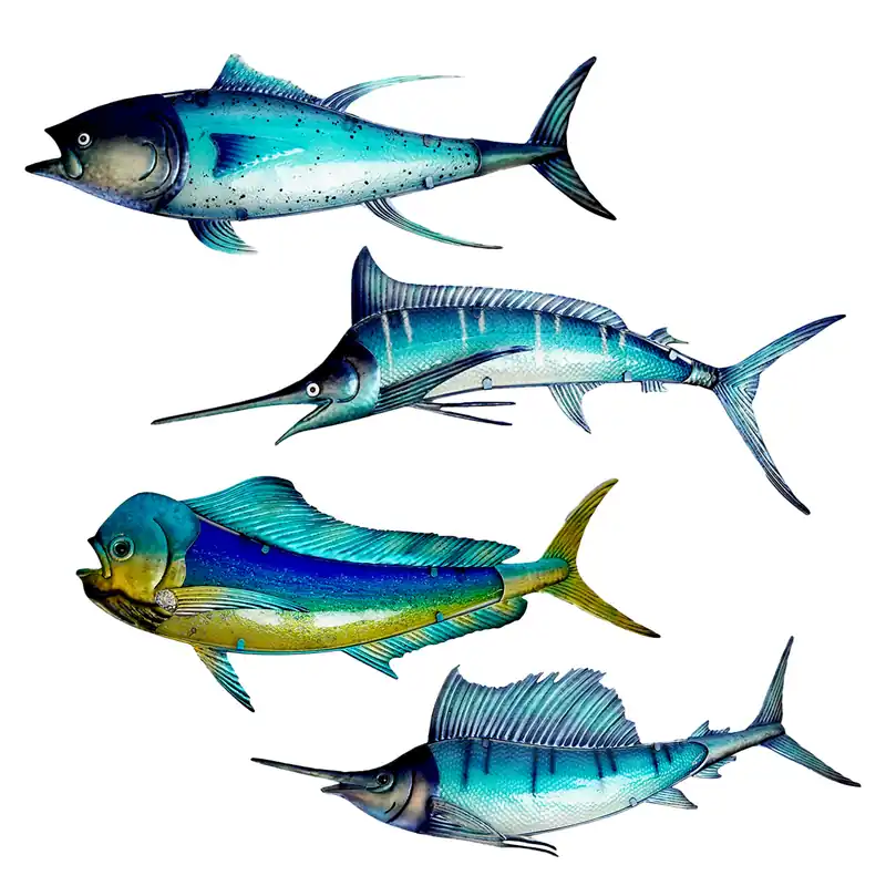 Eurocatch Big Game Wanddecoset - Tonijn Dorado Sailfish Marlijn - 4 stuks - Muurdecoratie - 110cm - 3-D Metaal en Glas - Kunst - Cadeau Tip Beperkte Voorraad