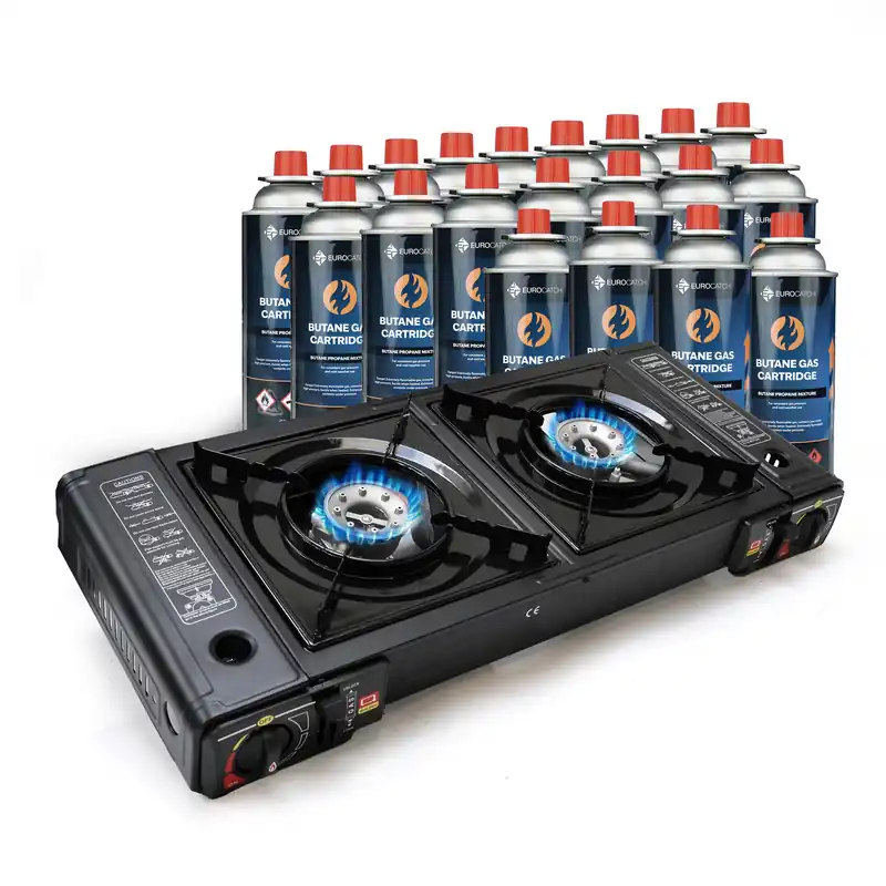 Hoge Kwaliteit Eurocatch Dual Gas Stove 2 pits Kooktoestel op gas incl 20 Gasbussen
