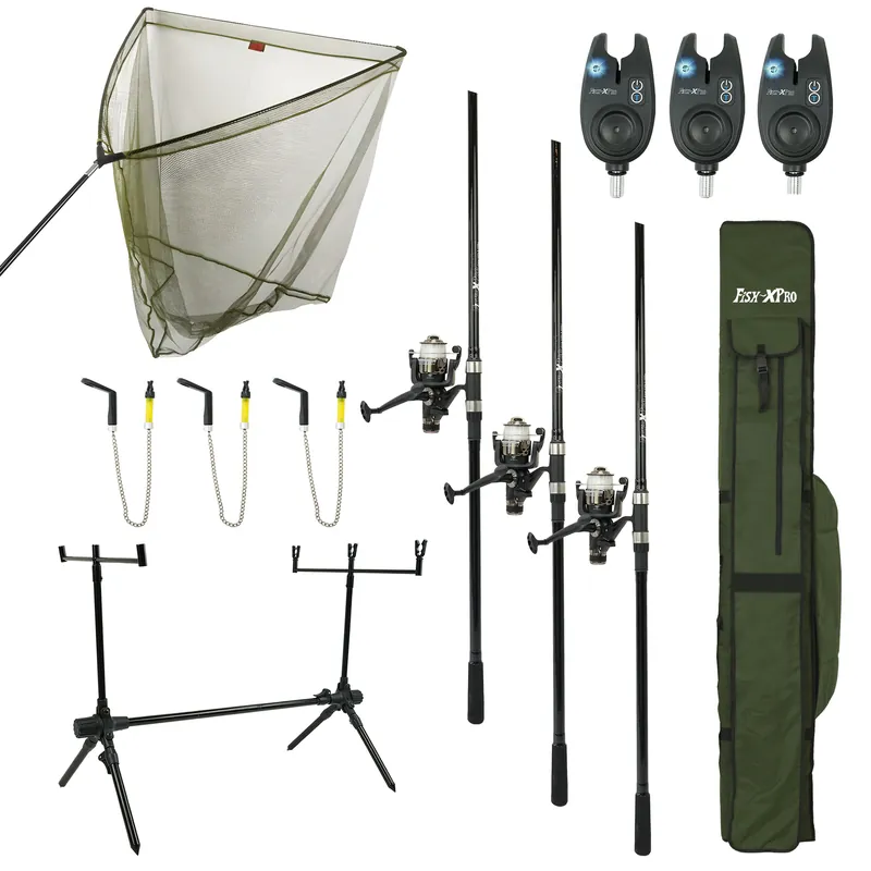 FISH XPRO - Karperset -Improve Deluxe - 3 complete hengels - karperfeeder - rodpod - beetindicator Lage Prijs