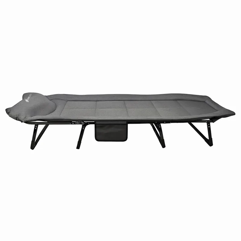 Eurocatch Opvouwbare Camping Stretcher – Verstelbaar Veldbed met 5-Standen Rugleuning, 4 Stevige Beugels, Zijvak, Gevuld Hoofdkussen – Compact & Comfortabel Express Levering