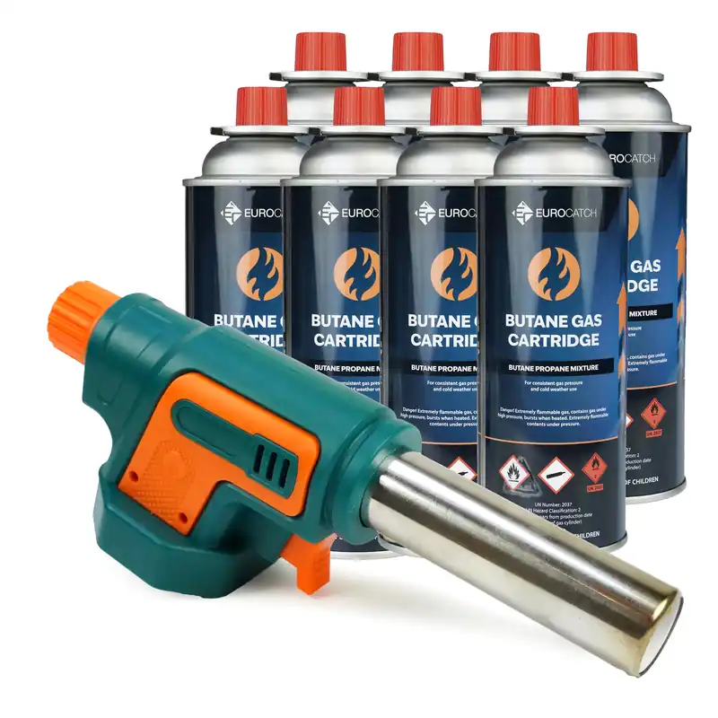 Eurocatch Gasbrander Set – 1300°C – Elektrische Ontsteking – Instelbaar Brandvermogen – Inclusief 8× 227g Gascartridge – Professionele Gasbrander Hete Deal