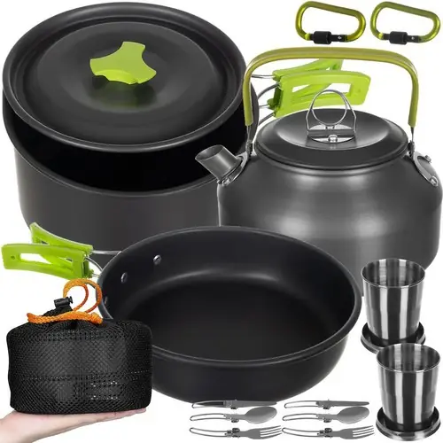 Trizand Kampeerservies Set - 18-delig - Voor 2 Personen - Anti-aanbak - Zwart/Groen Gecertificeerd
