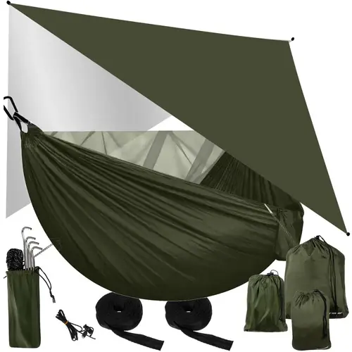 Snelle Levering Trizand Bushcraft Hangmat - 2-Persoons - Met Tarp & Klamboe - 260x140 cm - Khaki
