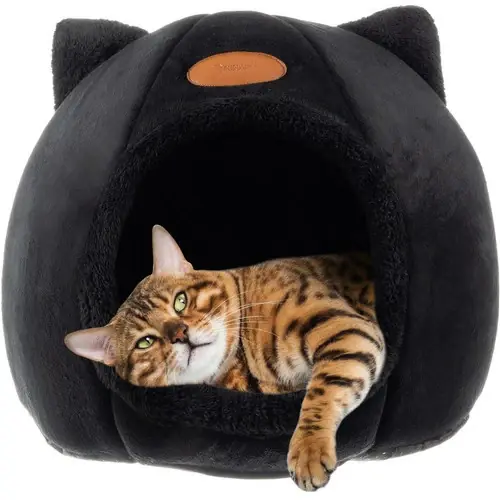 Superprijs Purlov Pluche Kattenhuisje met Oren - 37 x 34 cm - Zwart - Wasbaar