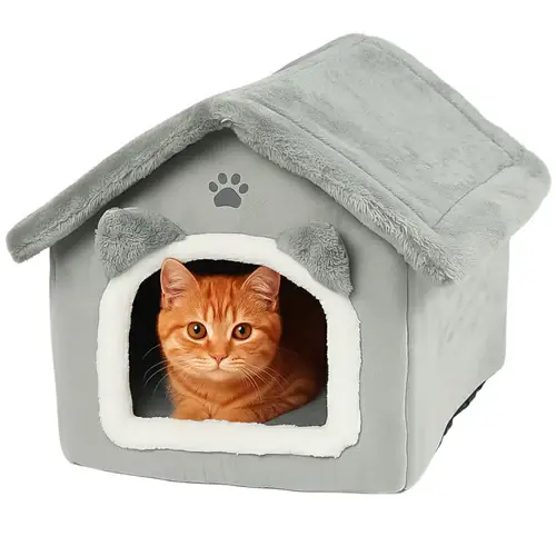 Laatste Kans Purlov Kattenmand Huisje - 39 x 38 x 35 cm - Grijs - 2-in-1 Pluche Bed