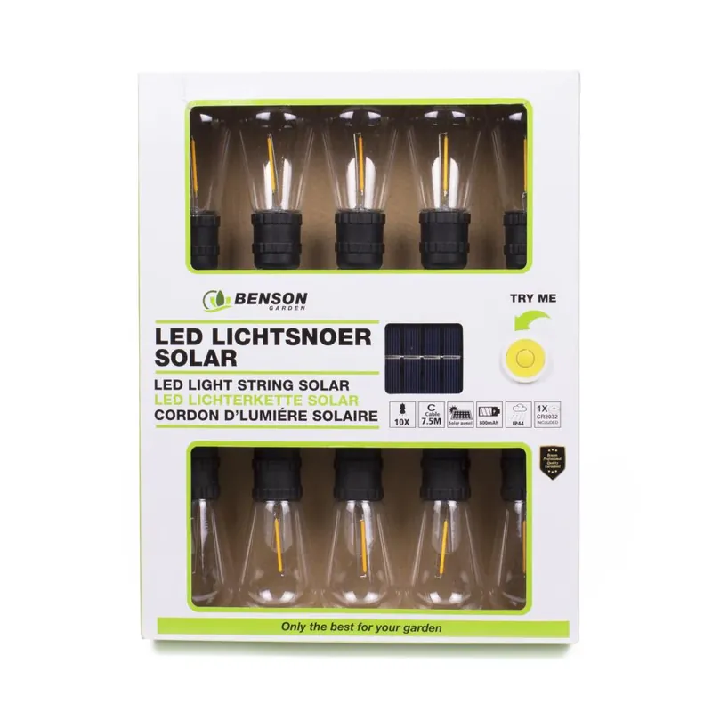 Benson Solar LED Lichtsnoer – 10 Filament Lampen – 7,5 Meter – Warm Wit Express Levering